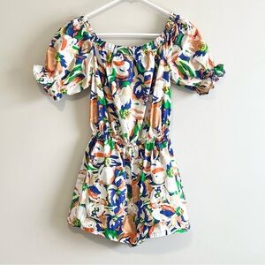 Flying Tomato Vibrant Abstract Floral Off the Shoulder Cotton Romper